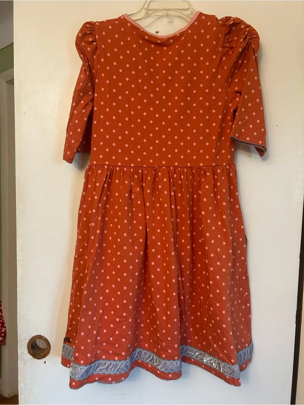 Matilda Jane Coral Dress with Pink Polka Dots and Blue Pocket Bow